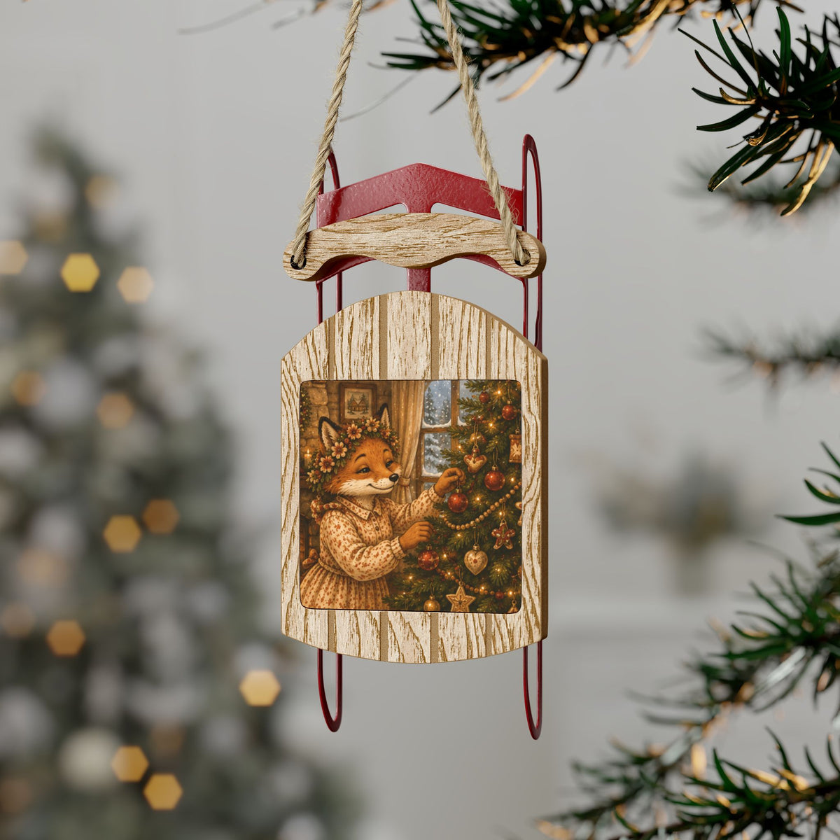 Fern’s Cozy Christmas Tree Adventure Wooden Sled Ornament