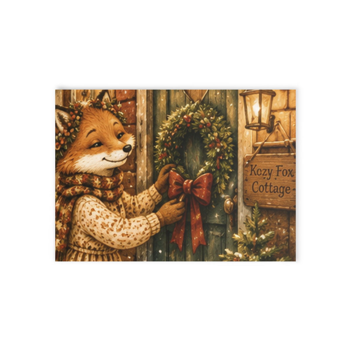 Fern’s Cozy Christmas Reversible Holiday Postcard – Wreath & Tree