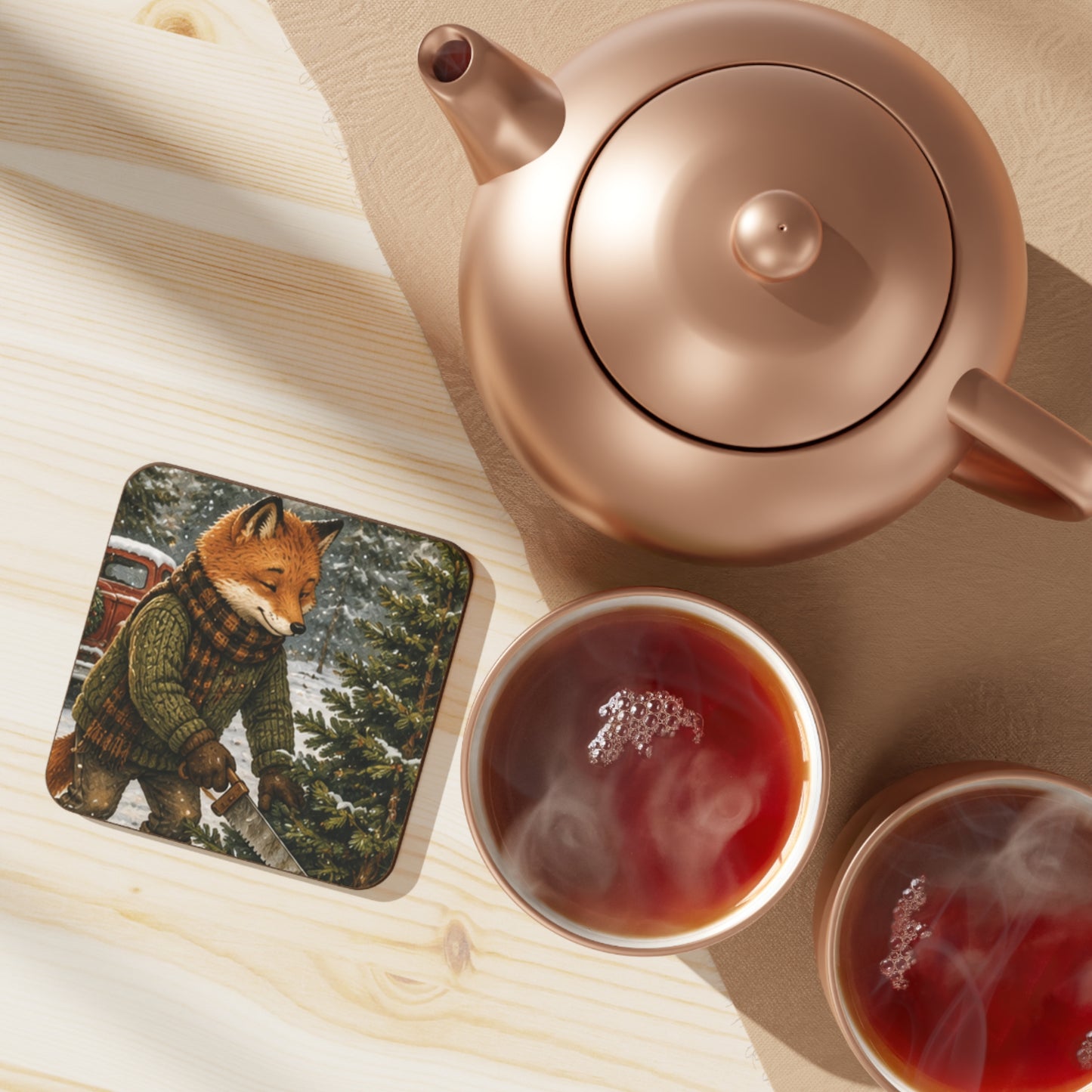 Christmas Coaster – Woodland Tree Adventure Holiday Drink Coaster | Finn's Kozy Fox Cottage