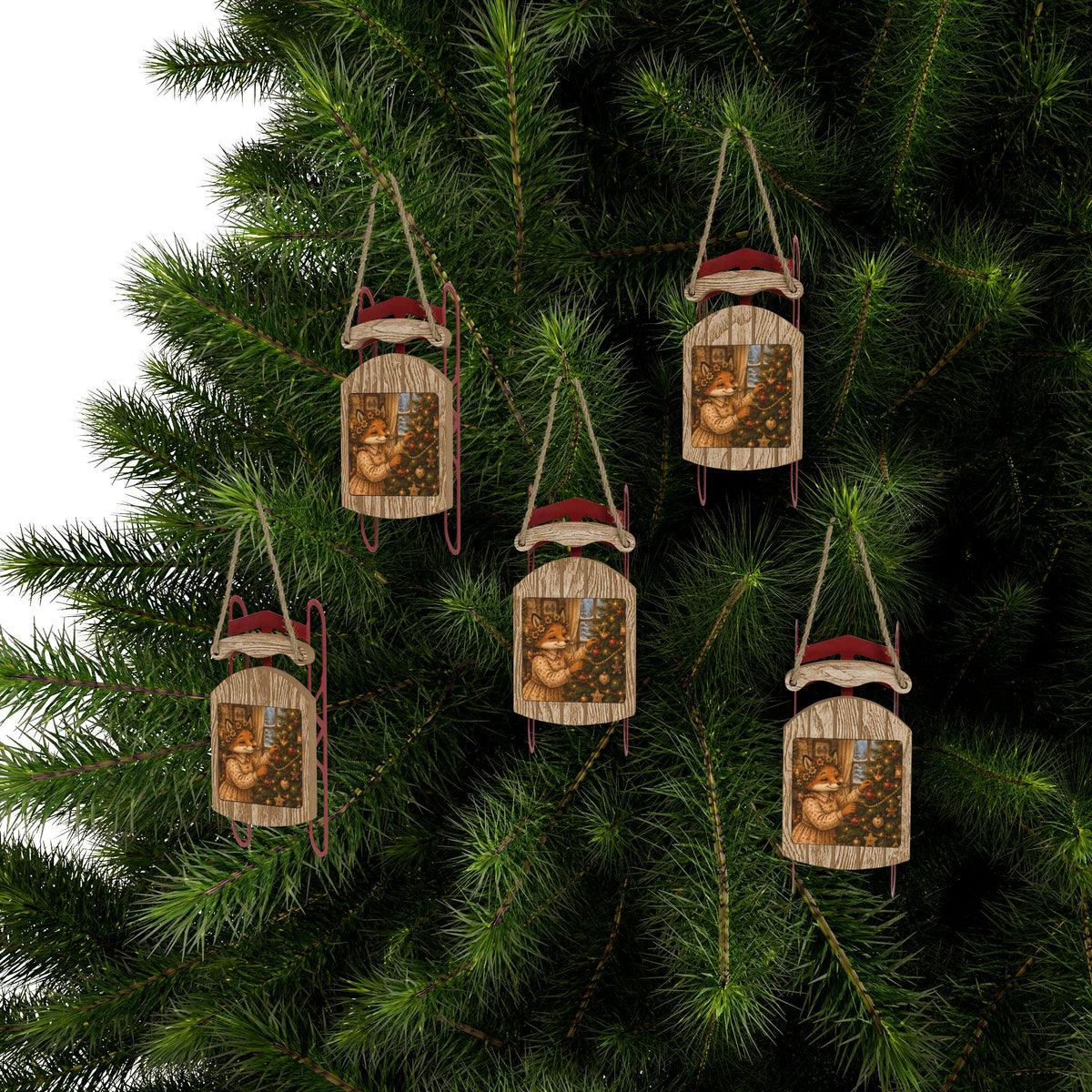 Fern’s Cozy Christmas Tree Adventure Wooden Sled Ornament
