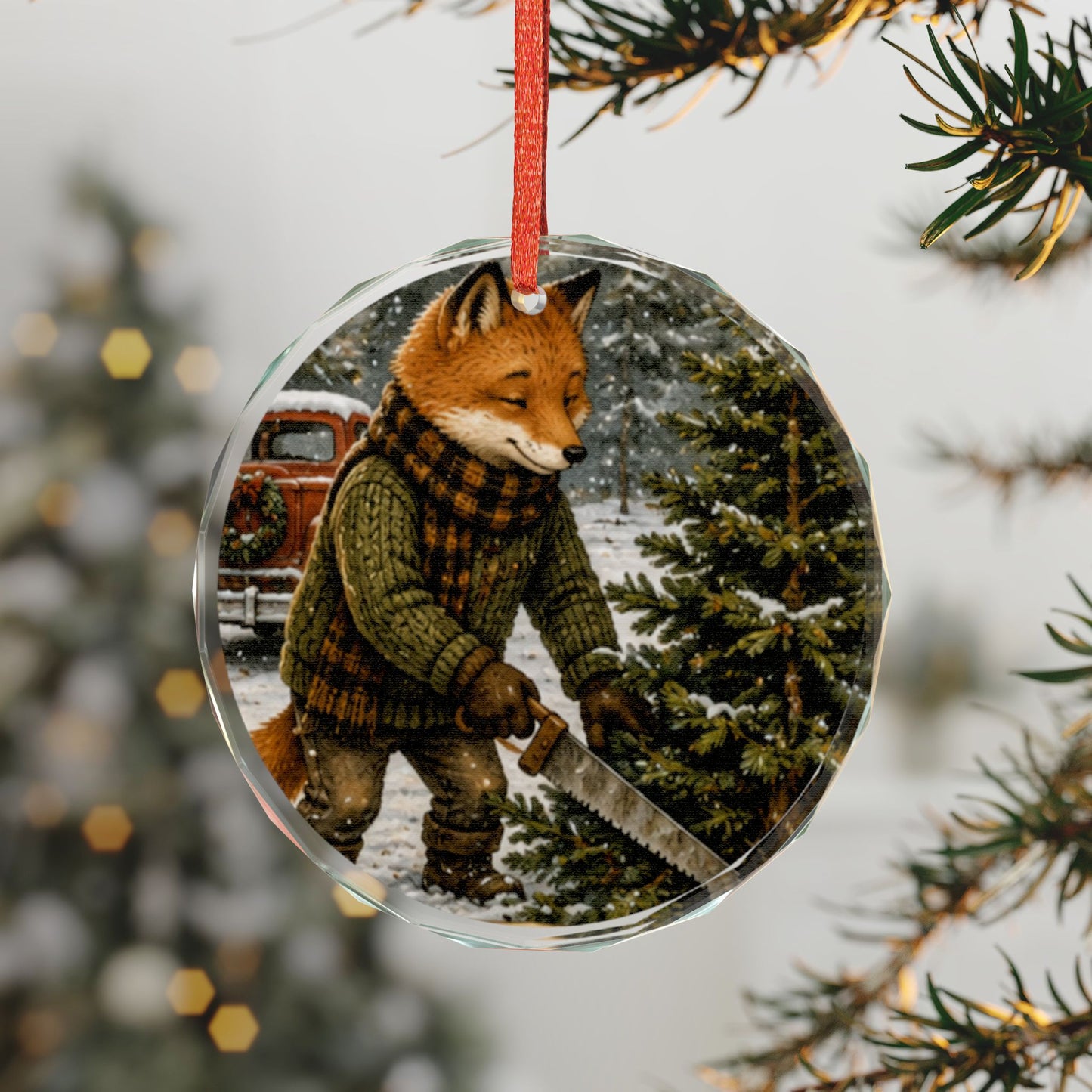 Finn’s Cozy Christmas Tree Adventure Glass Ornament