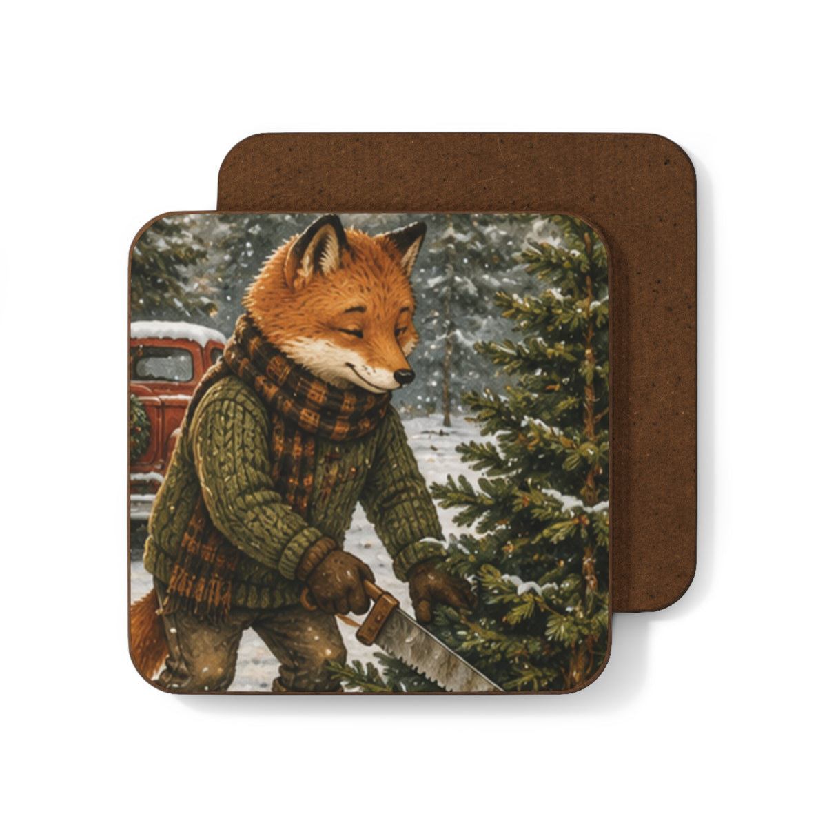 Christmas Coaster – Woodland Tree Adventure Holiday Drink Coaster | Finn's Kozy Fox Cottage