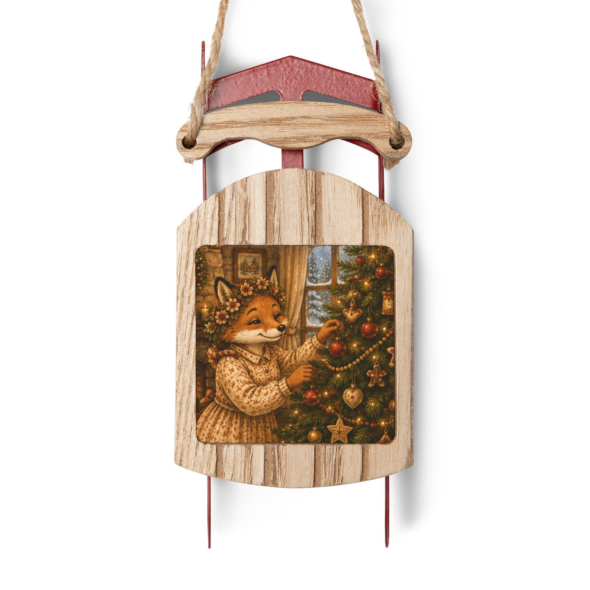 Fern’s Cozy Christmas Tree Adventure Wooden Sled Ornament